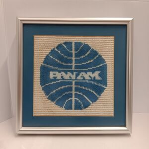 Vintage Pan Am Airlines Framed Wall Art Embroidered Large Cross Stitch Matte